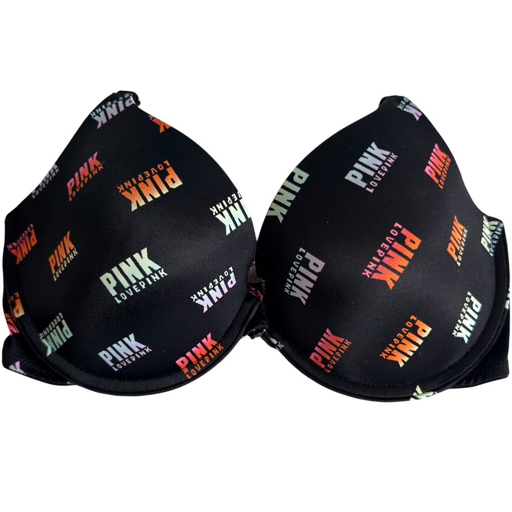 Victoria's Secret PINK Wear Everywhere Push Up Bra 32D Black Logo Print